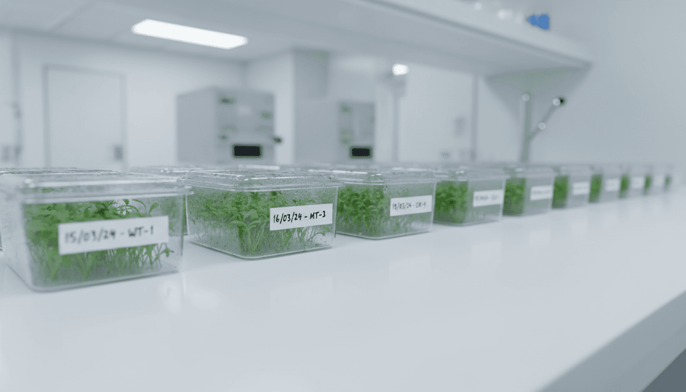 Clear tissue culture containers with tiny green plantlets on a lab bench