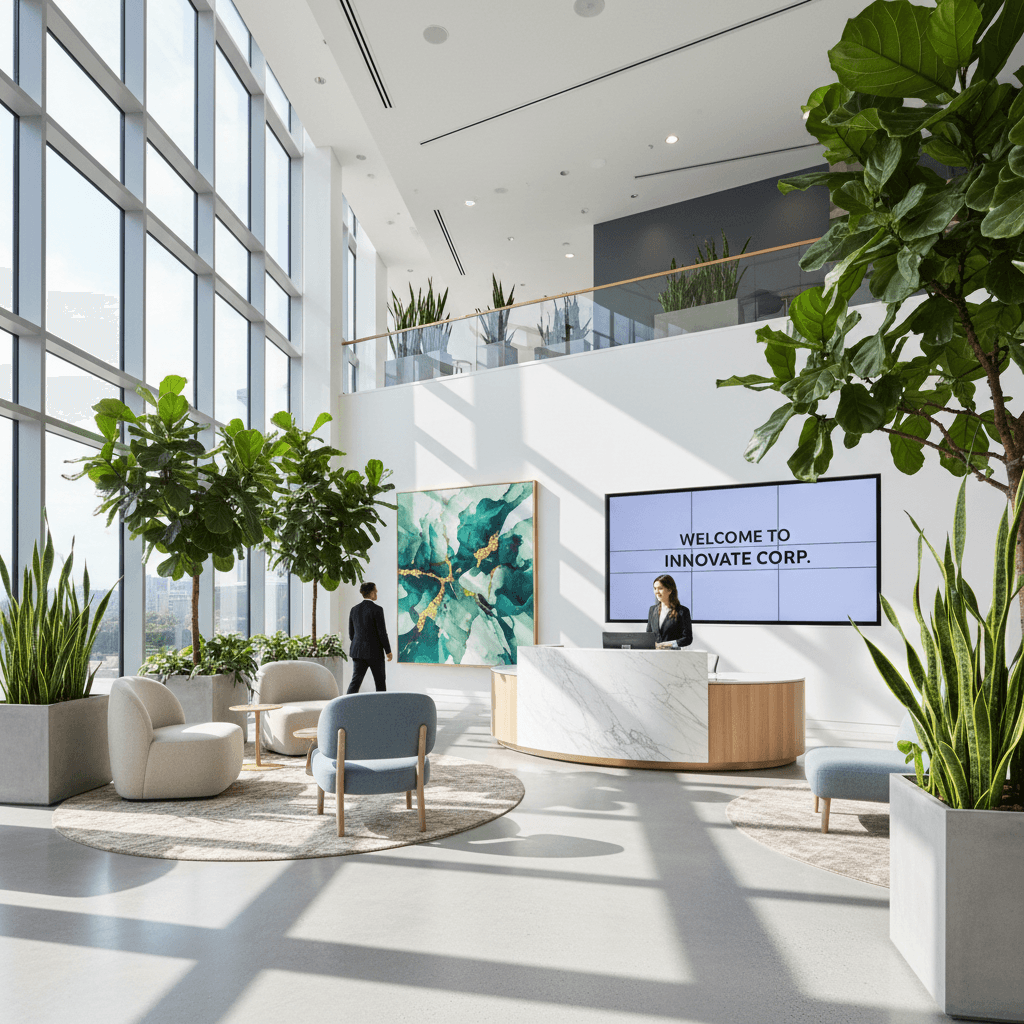 Lush plant installation in a modern corporate lobby