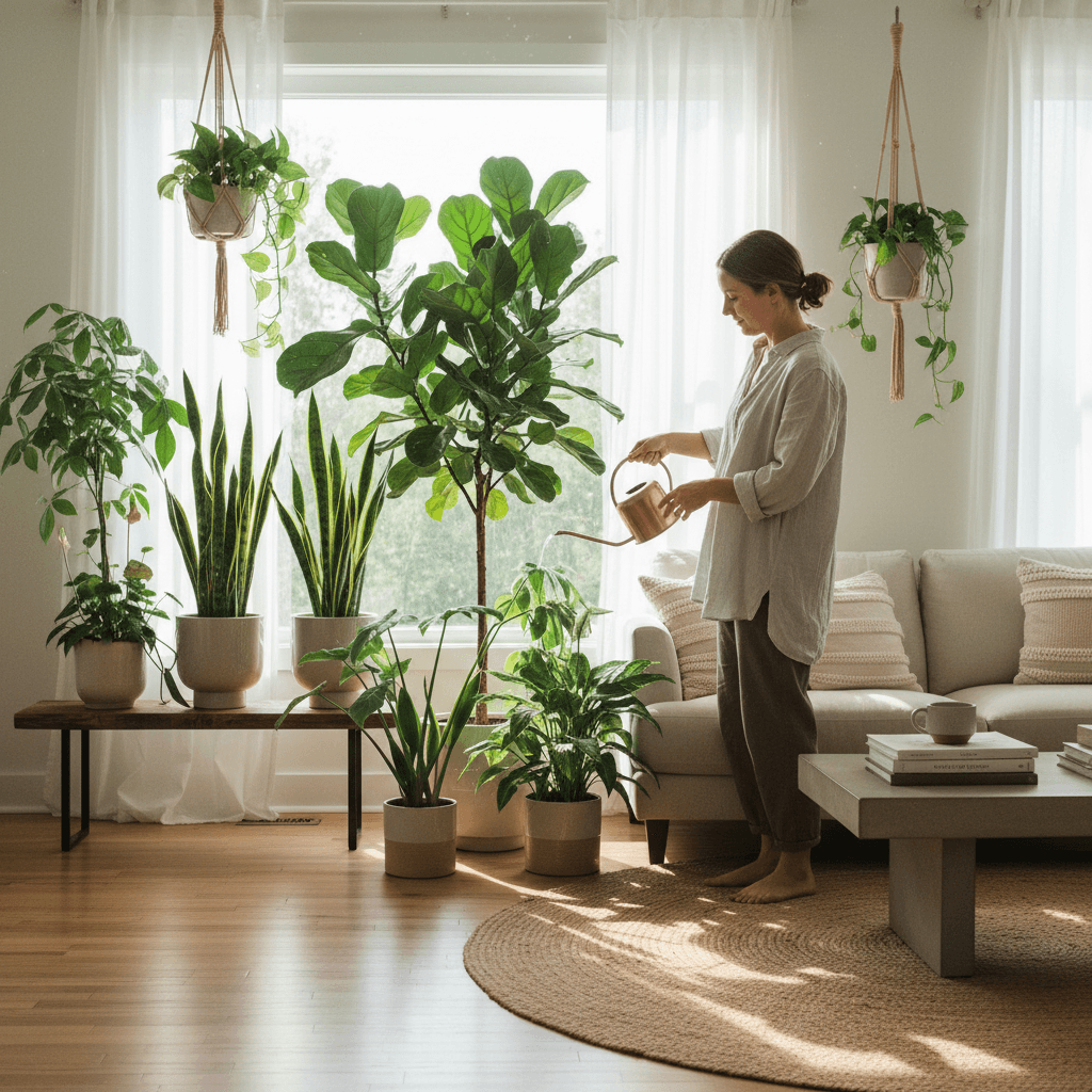 Watering a collection of houseplants on a windowsill