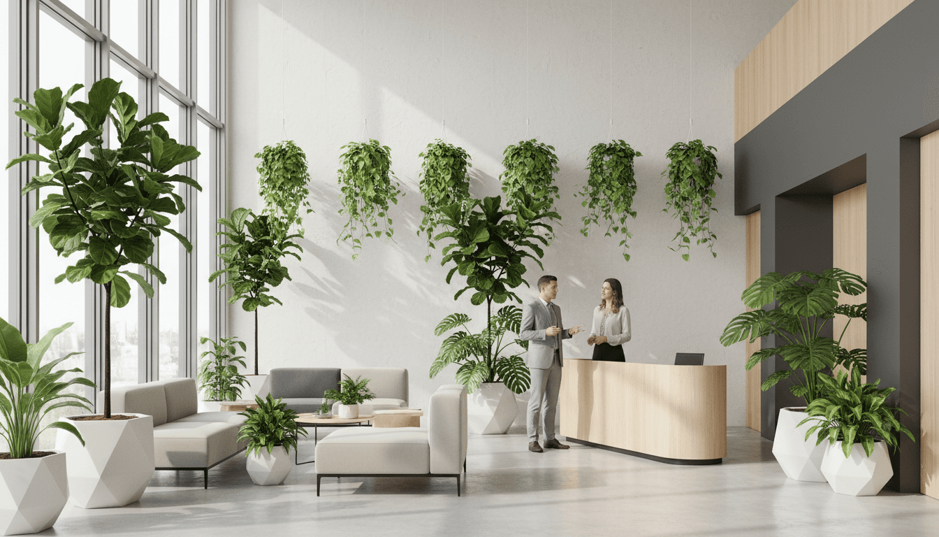 Professional consultant advises office manager about plant placement strategy in bright, plant-filled modern office lobby.