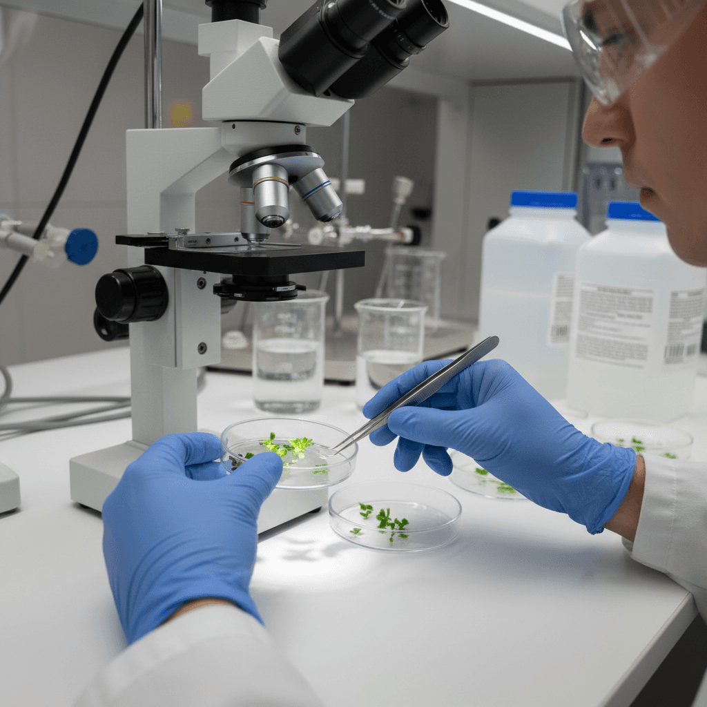 Scientist's gloved hands examining tissue culture samples under microscope with petri dishes containing green plant material on laboratory bench