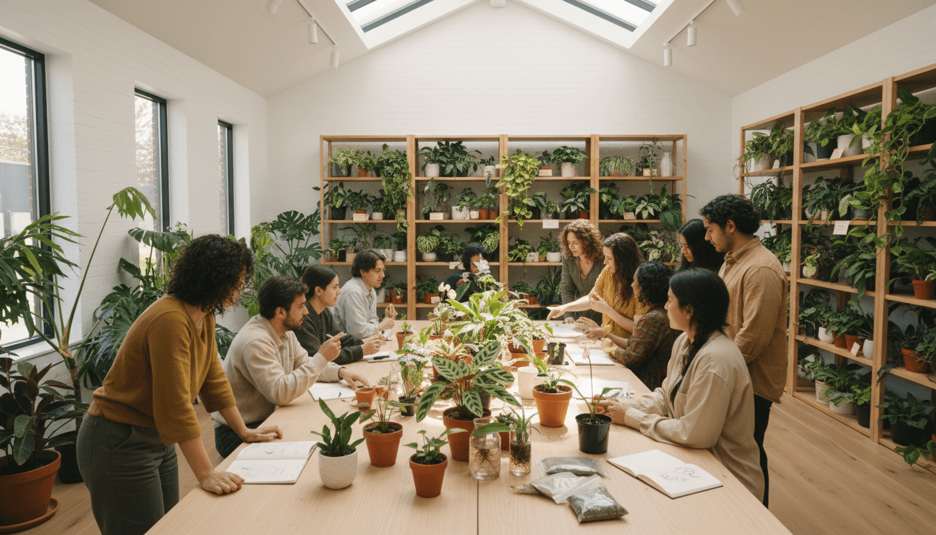 Diverse group of plant enthusiasts gathered around table examining and exchanging various houseplants in bright, plant-filled community space