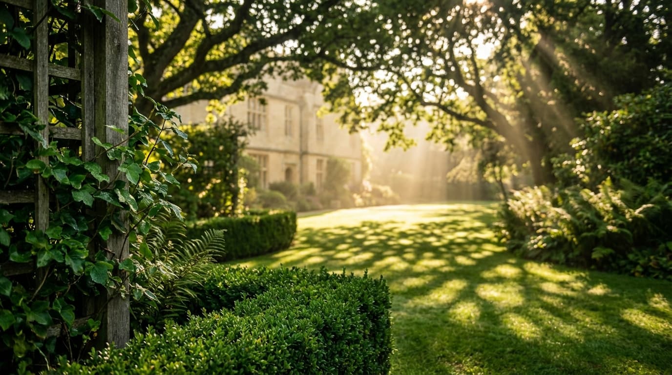 Sunlit residential plants with hand gently touching vibrant green leaf