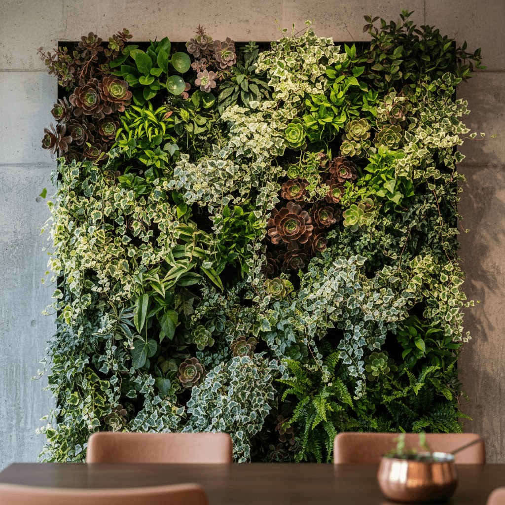 Close-up view of mature living wall featuring layered succulents, ivy, and ferns in full growth