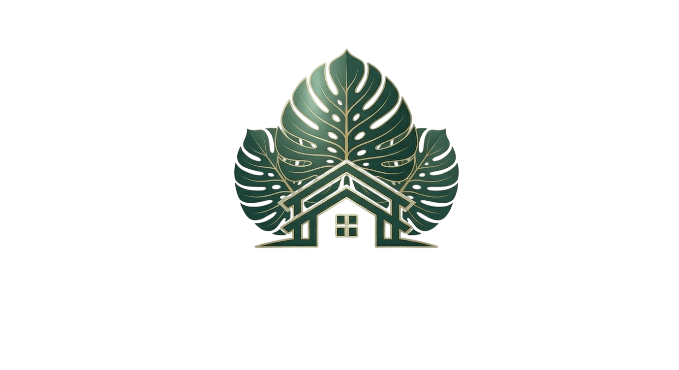 Stylized dark green house icon with gold trim, backed by three large monstera plant leaves.