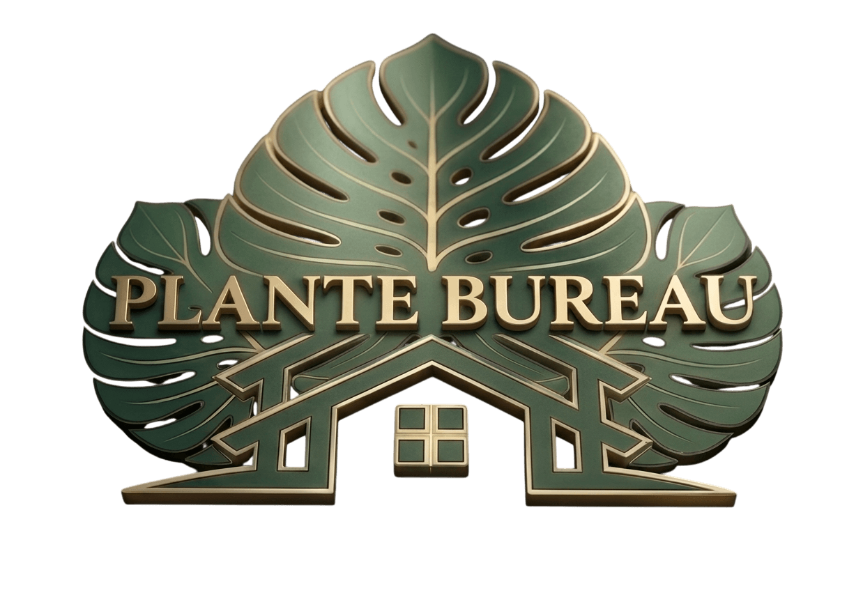 Gold 3D logo for Plante Bureau featuring green monstera leaves and a stylized house outline.